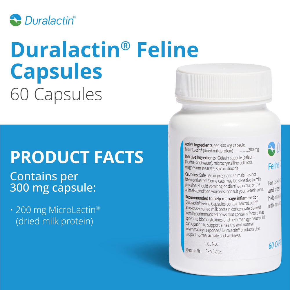 PRN Pharmacal Duralactin feline capsules closeup for mobility support.