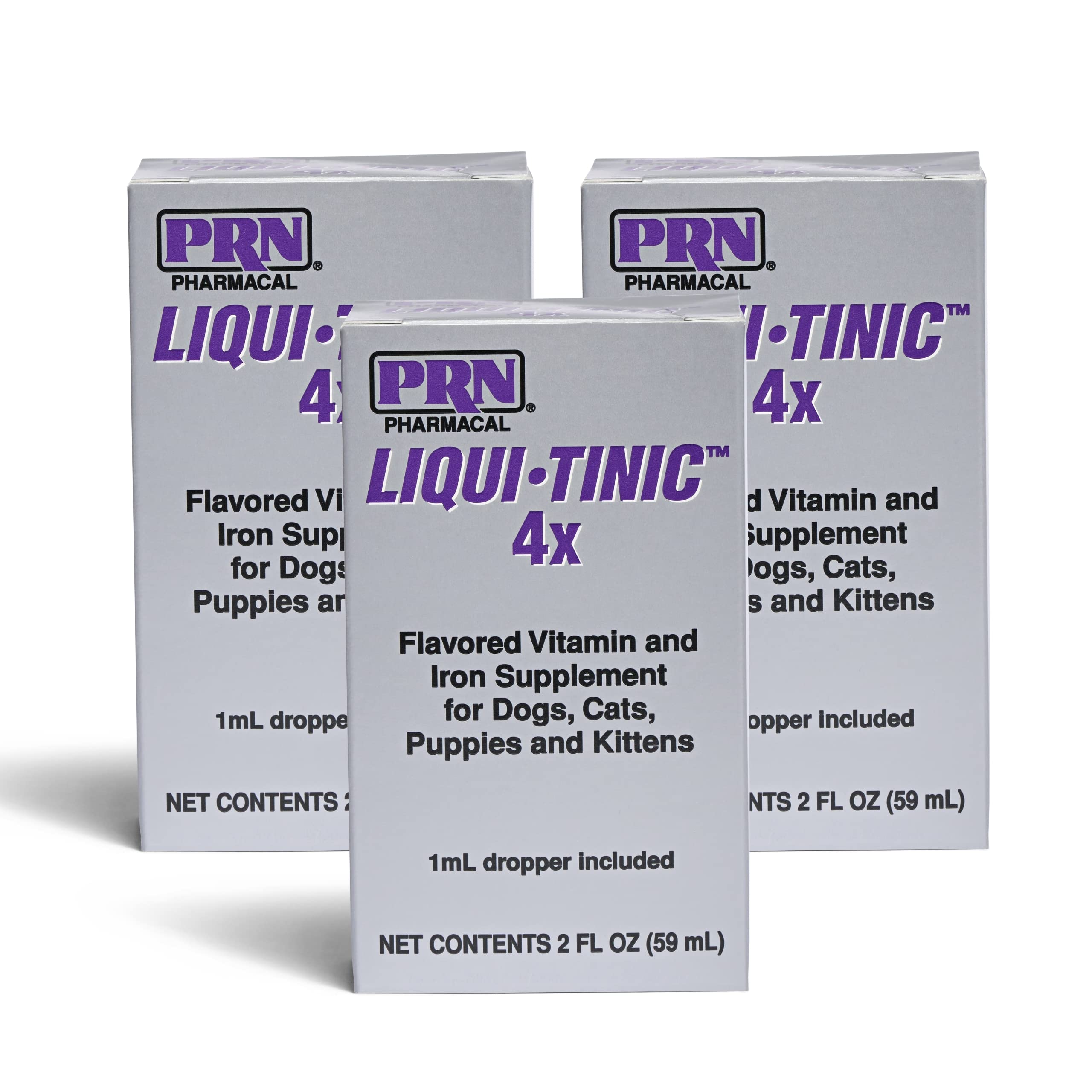PRN Pharmacal Liqui-Tinic 4X bottle front promoting pet daily nutrition with iron and vitamins.