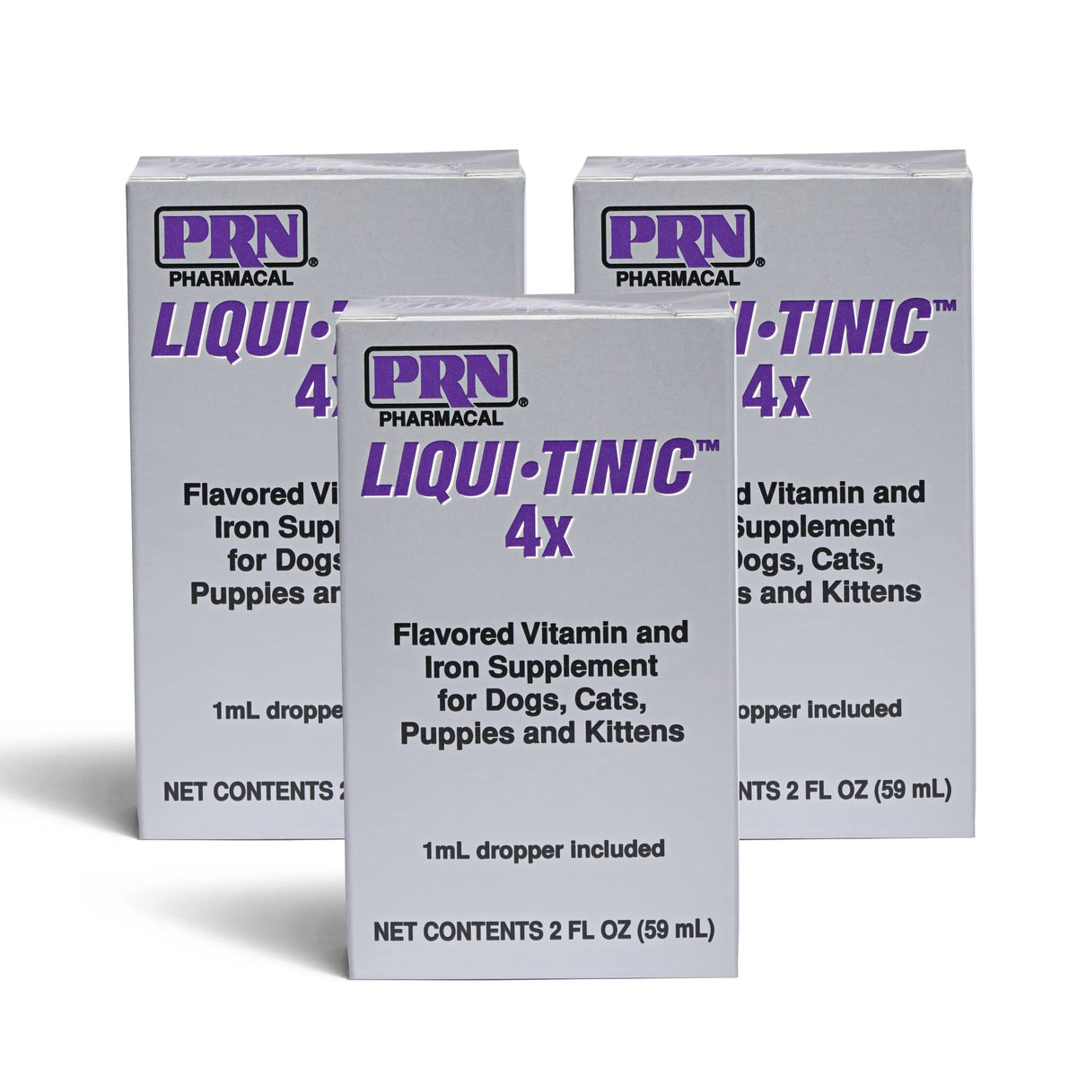 PRN Pharmacal Liqui-Tinic 4X bottle front promoting pet daily nutrition with iron and vitamins.