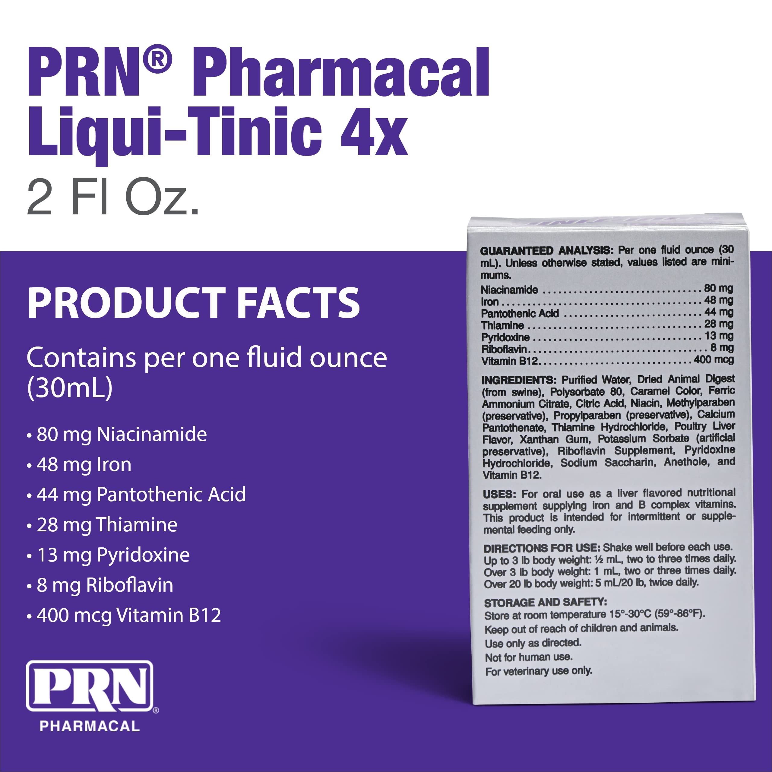 PRN Liqui-Tinic 4X label close-up showing liver flavor appealing to pets.