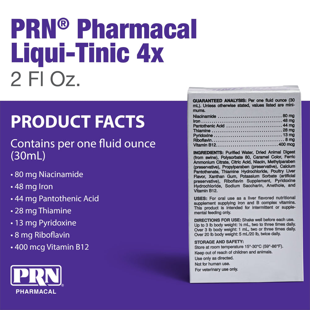 PRN Liqui-Tinic 4X label close-up showing liver flavor appealing to pets.