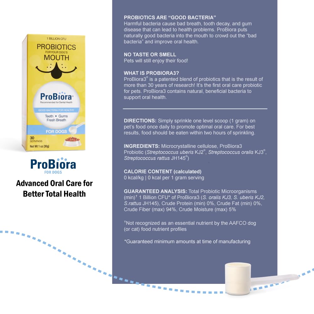 Probiora for Dogs jar packaging shows daily dental support.