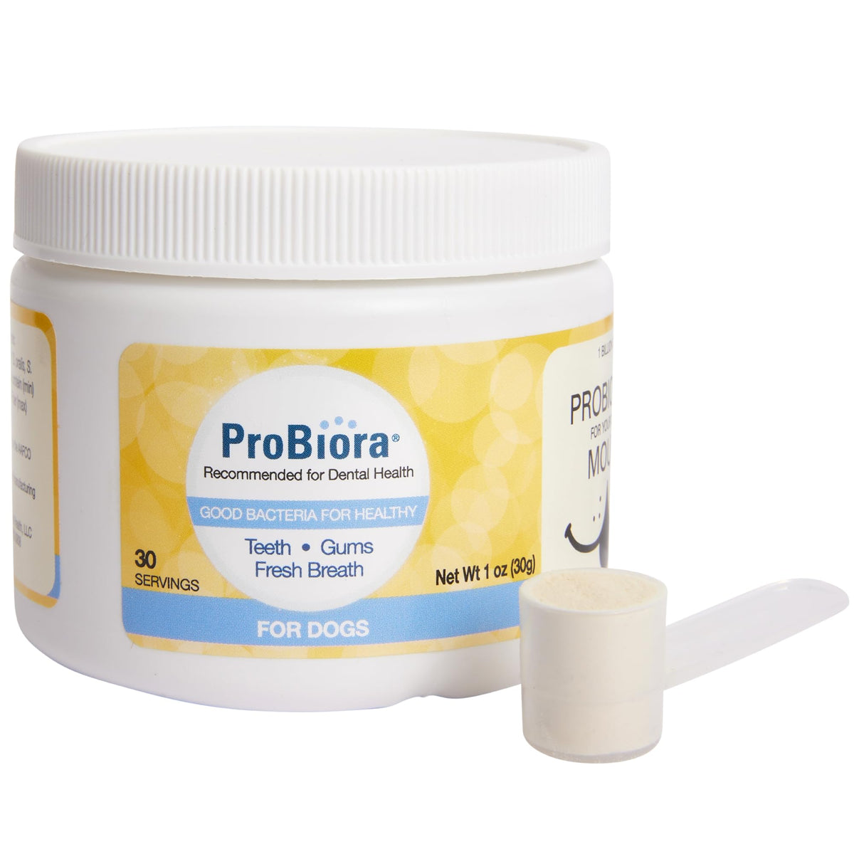 Probiora for Dogs powder on food for fresher breath and cleaner teeth.