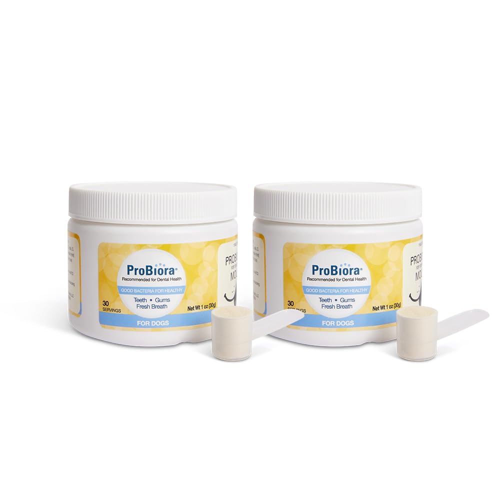 Probiora for Dogs probiotic powder tub front supports healthier mouths.