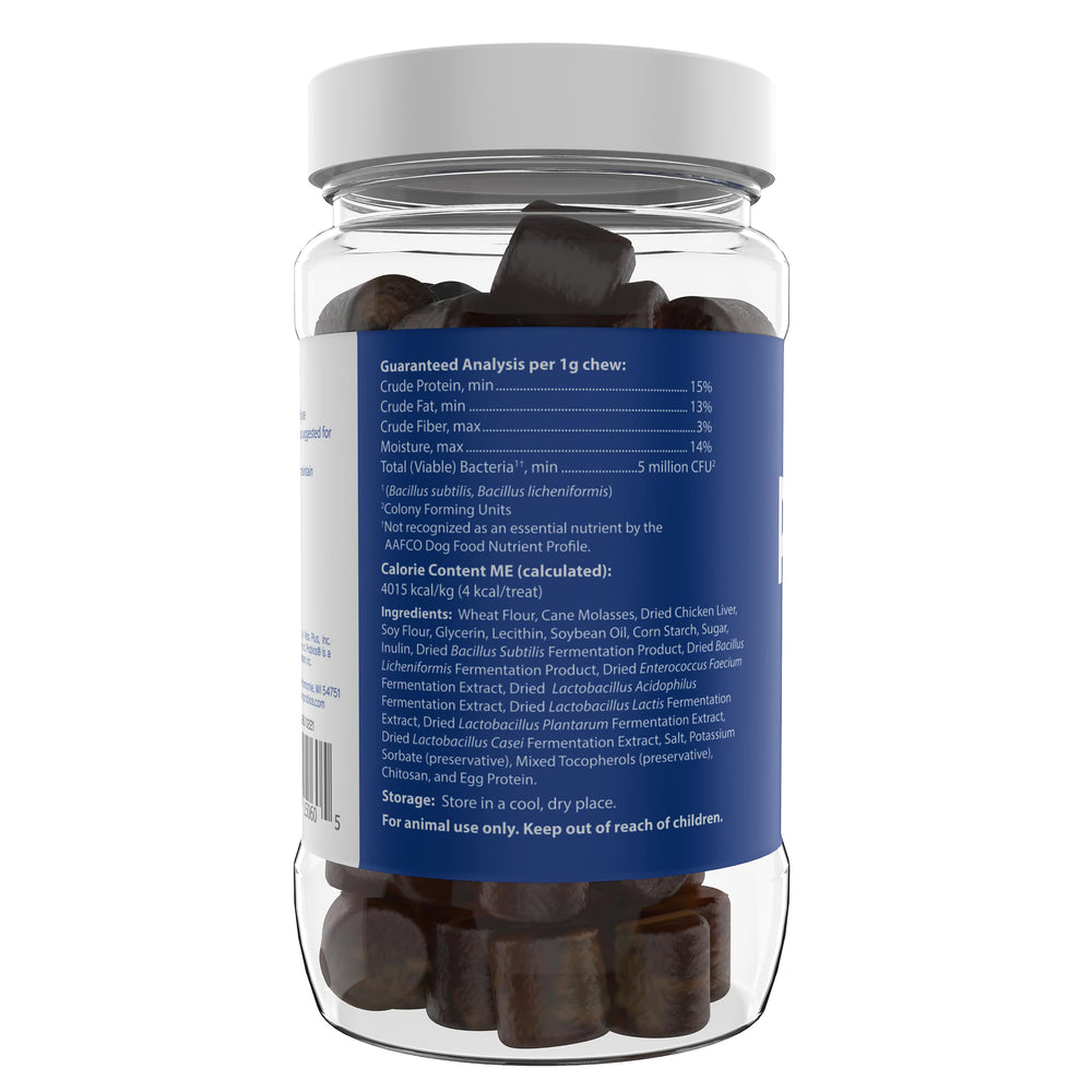Probios dog soft chews dog eating image suggests palatability and comfort.