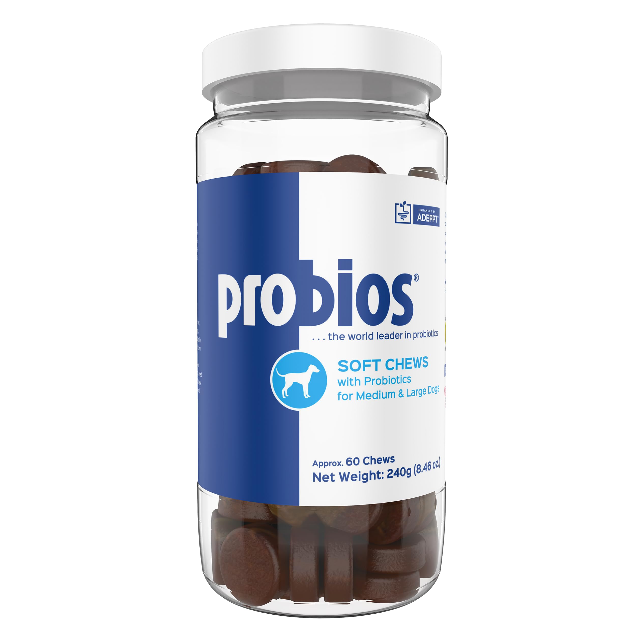 Probios Soft Chews for Dogs bottle label promotes daily gut balance support.