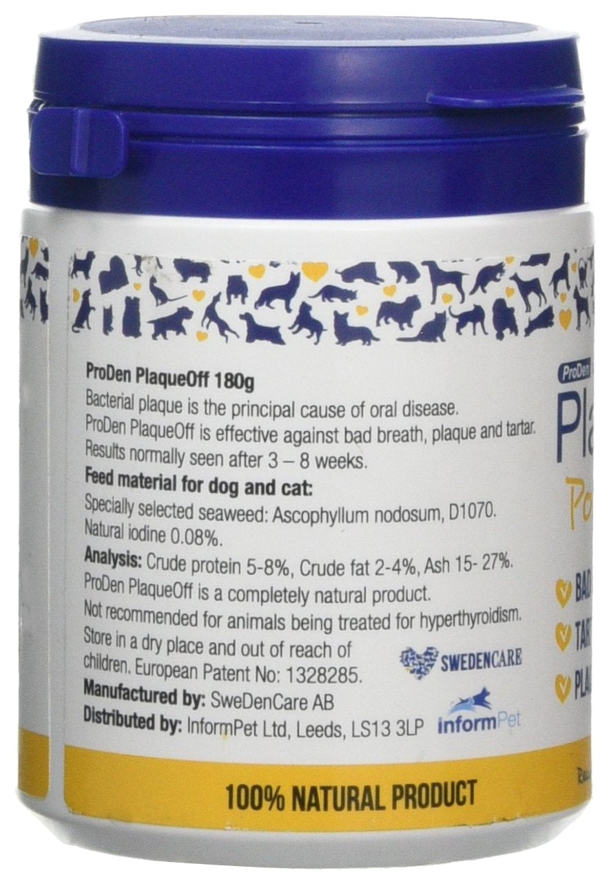ProDen PlaqueOff 180g label detail for easy product identification.