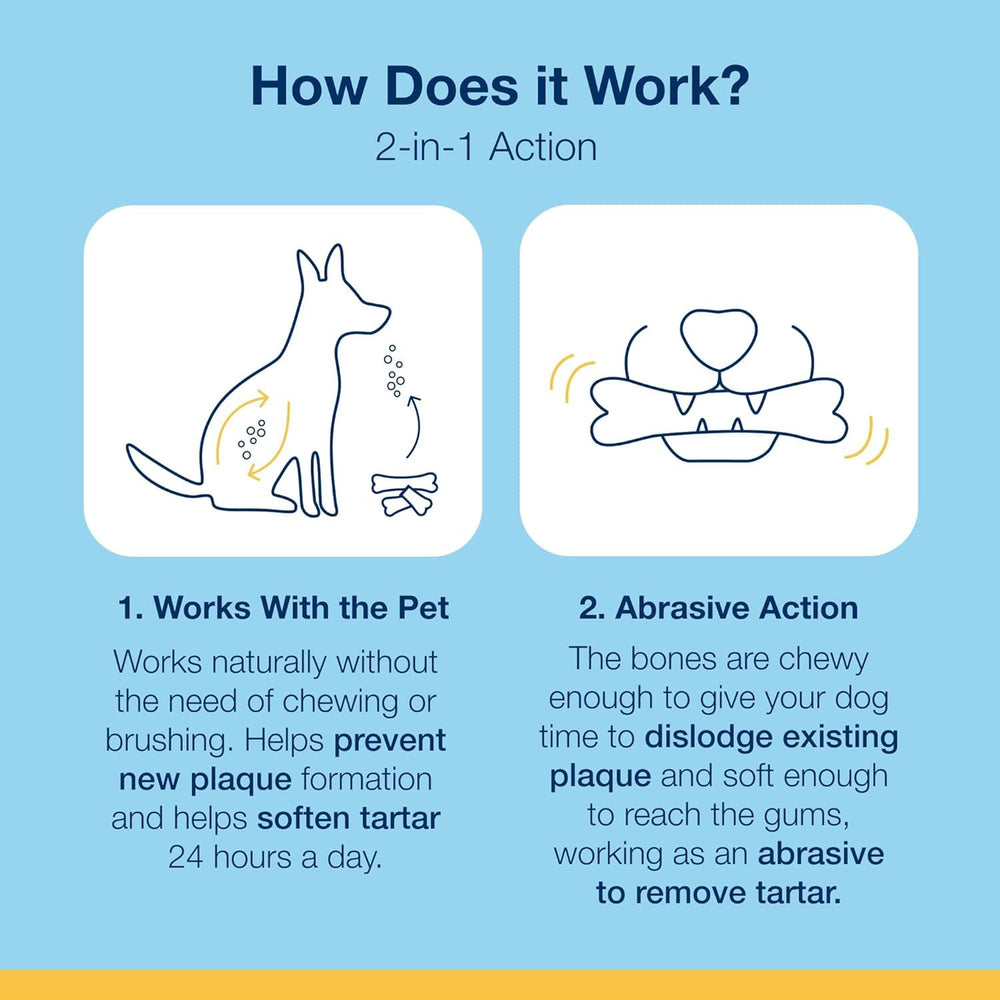 ProDen PlaqueOff bones mouth-health illustration hints at gum support and fresher breath.