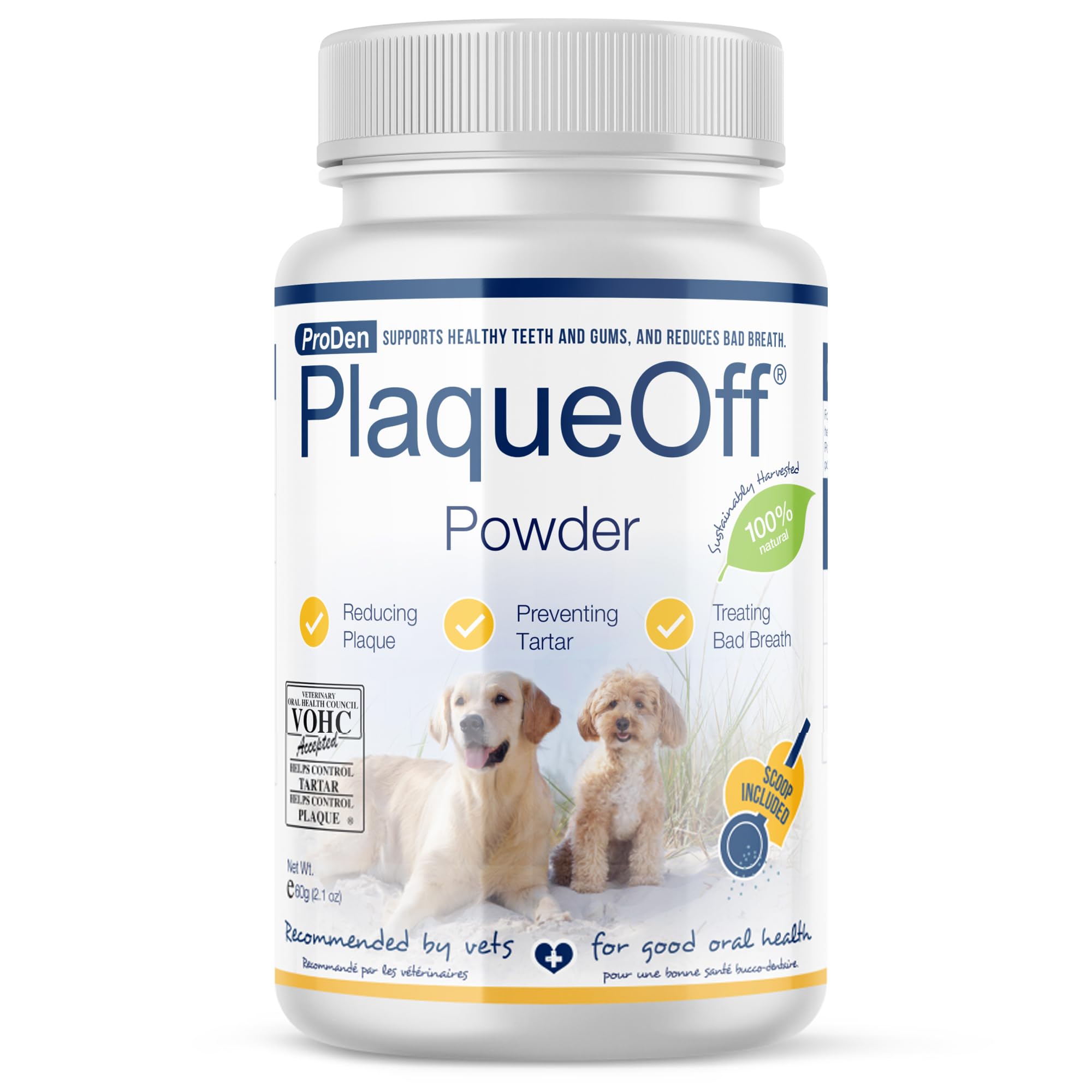 ProDen PlaqueOff front-label 60g tub for easy daily dental care.