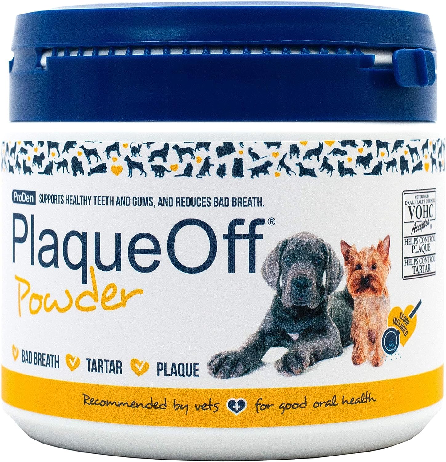 ProDen PlaqueOff Pet 420g tub closeup, dental care powder ready to stir into pet meals