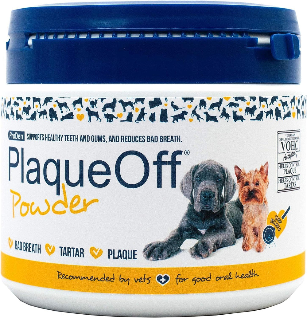ProDen PlaqueOff Pet 420g tub closeup, dental care powder ready to stir into pet meals