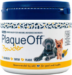 ProDen PlaqueOff Pet 420g tub closeup, dental care powder ready to stir into pet meals