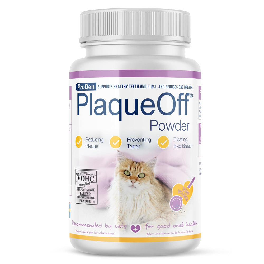 ProDen PlaqueOff cat powder tub closeup for easy dental care.