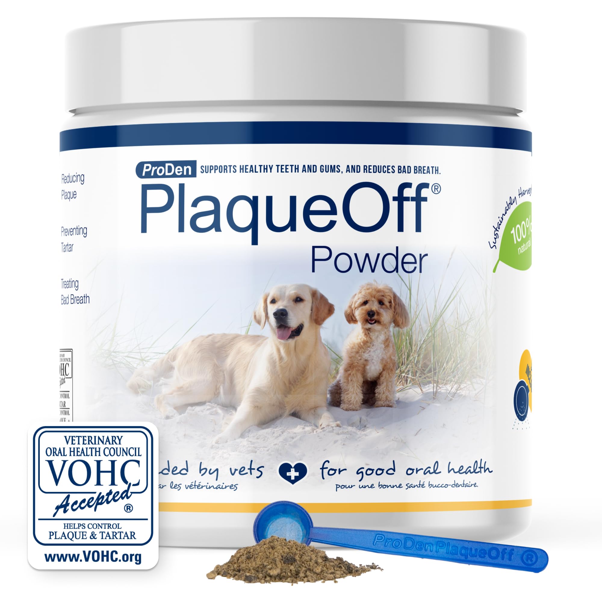 ProDen PlaqueOff powder dog pour shows easy dosing for dental care