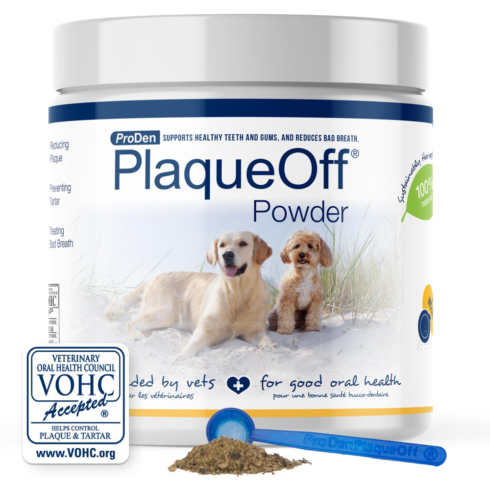 ProDen PlaqueOff powder dog pour shows easy dosing for dental care