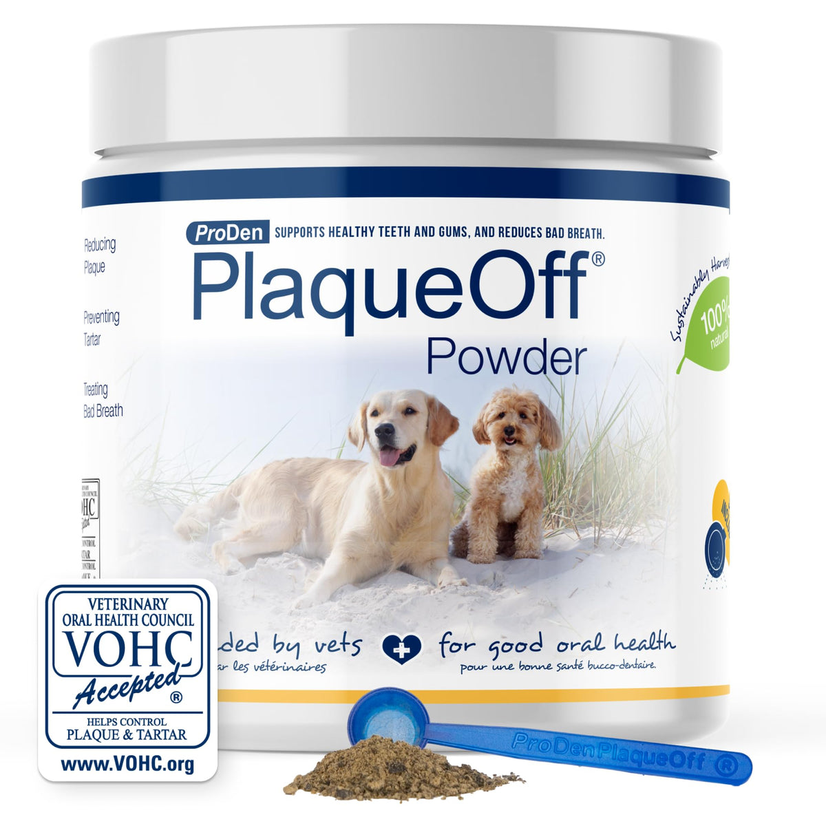 ProDen PlaqueOff powder dog pour shows easy dosing for dental care