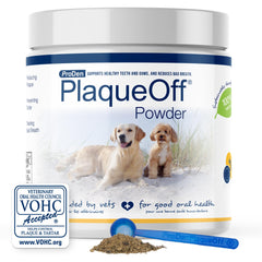 ProDen PlaqueOff powder dog pour shows easy dosing for dental care
