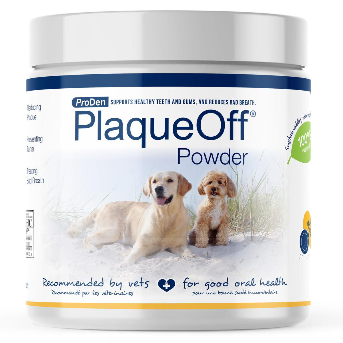 ProDen PlaqueOff powder jar, convenient at-home dental care for pets