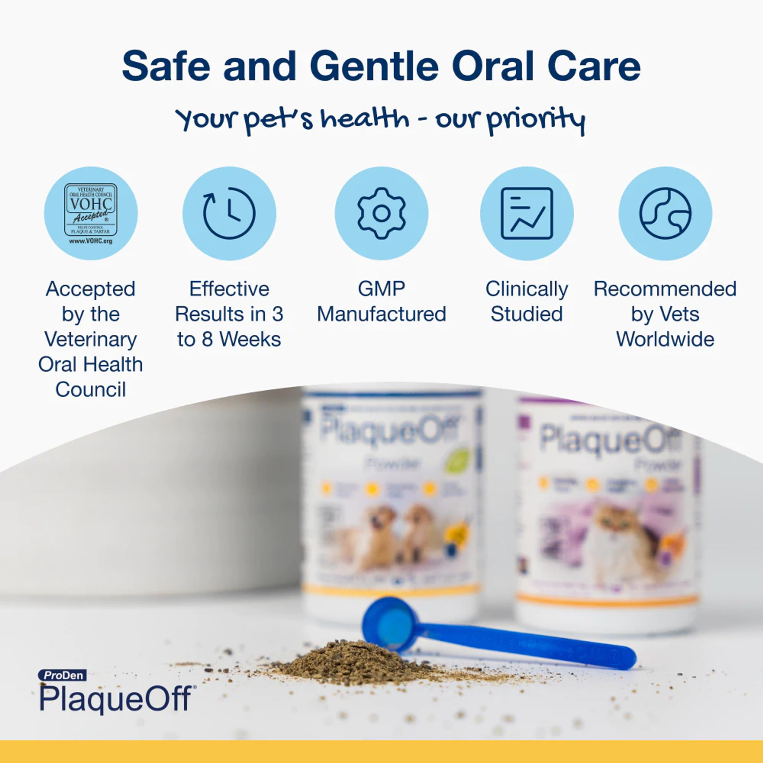 ProDen PlaqueOff powder scoop-dispense shows easy dosing.