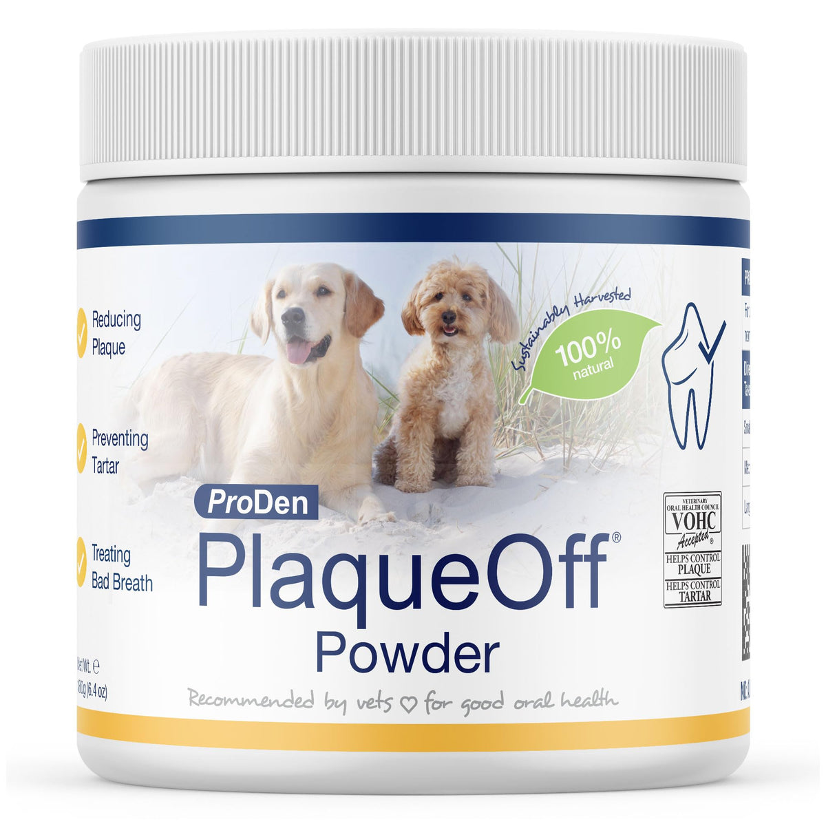ProDen PlaqueOff powder tub closeup showing seaweed-based dental support for pets.