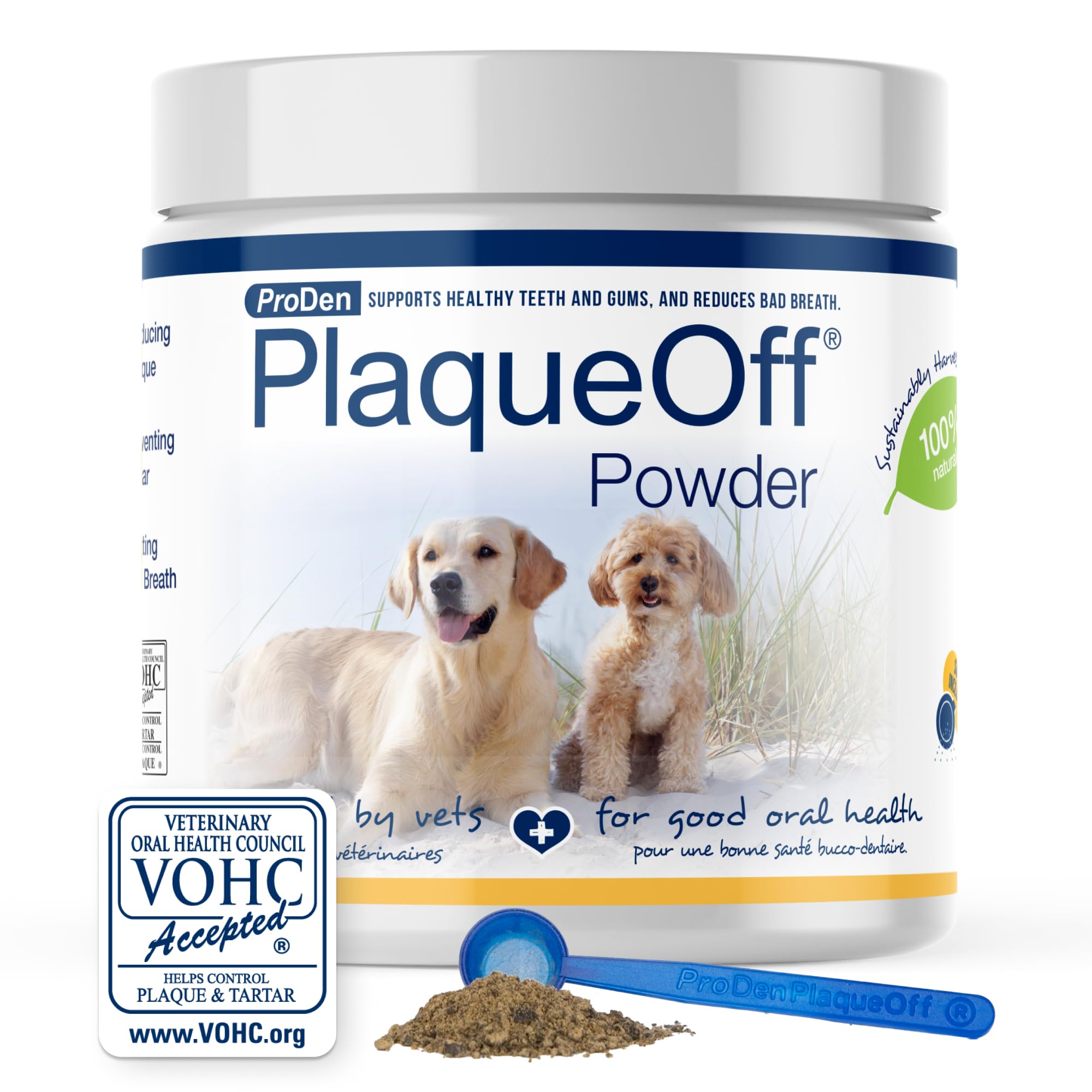 ProDen PlaqueOff powder tub front promotes cleaner teeth.