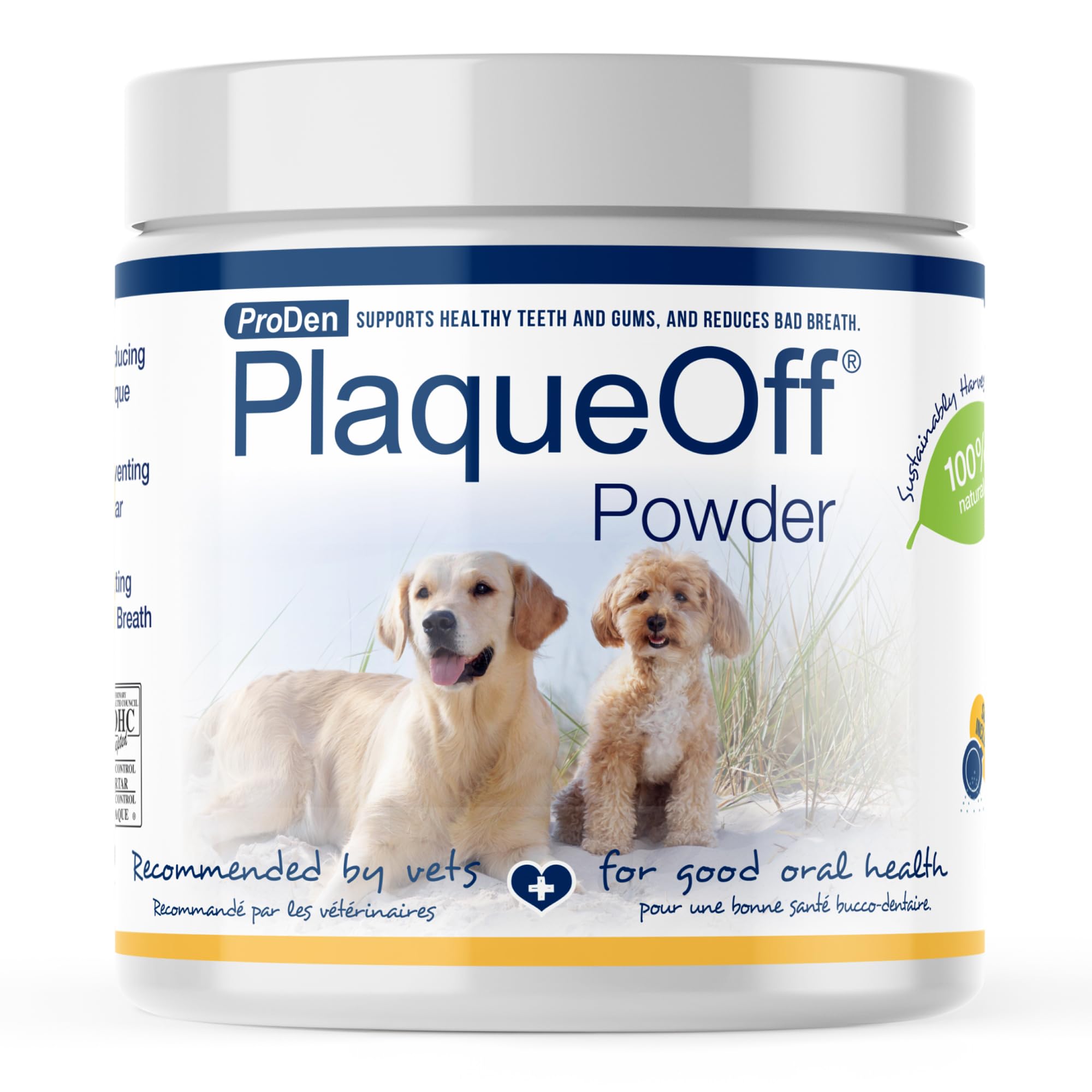 ProDen PlaqueOff powder tub showing natural seaweed formula for pet dental care.