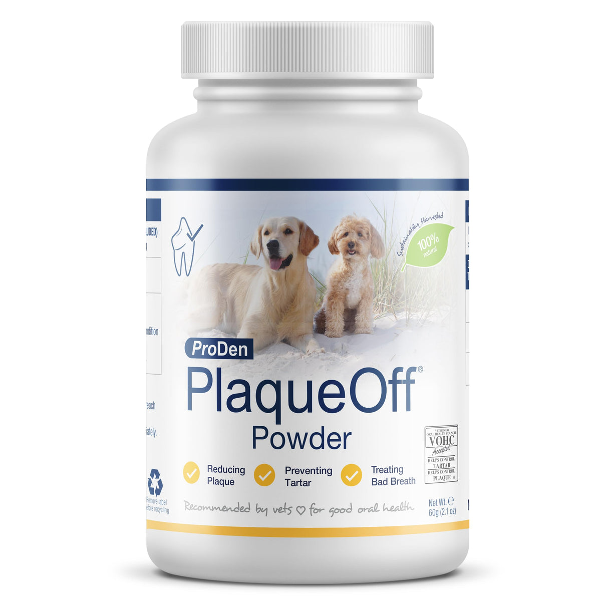 ProDen PlaqueOff powder tub for at-home pet dental care.