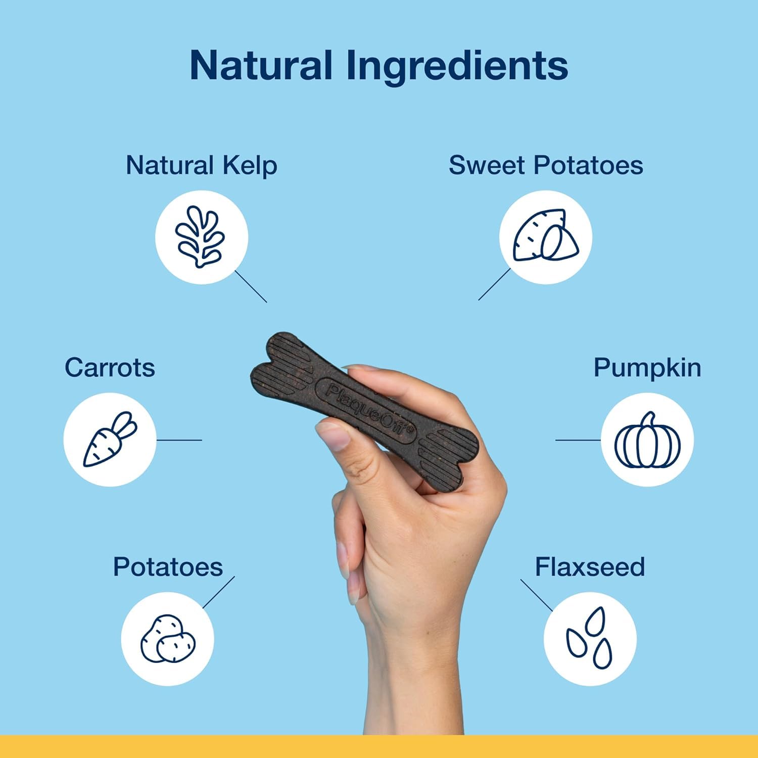 ProDen PlaqueOff System bacon-flavored bones emphasize easy daily dental care.
