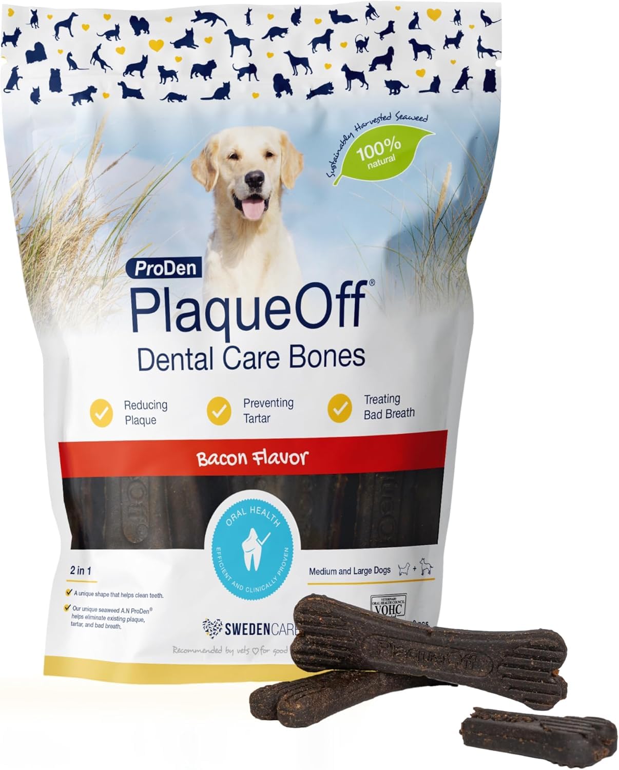 ProDen PlaqueOff System packaging highlights bacon-flavored bones that support canine oral hygiene.