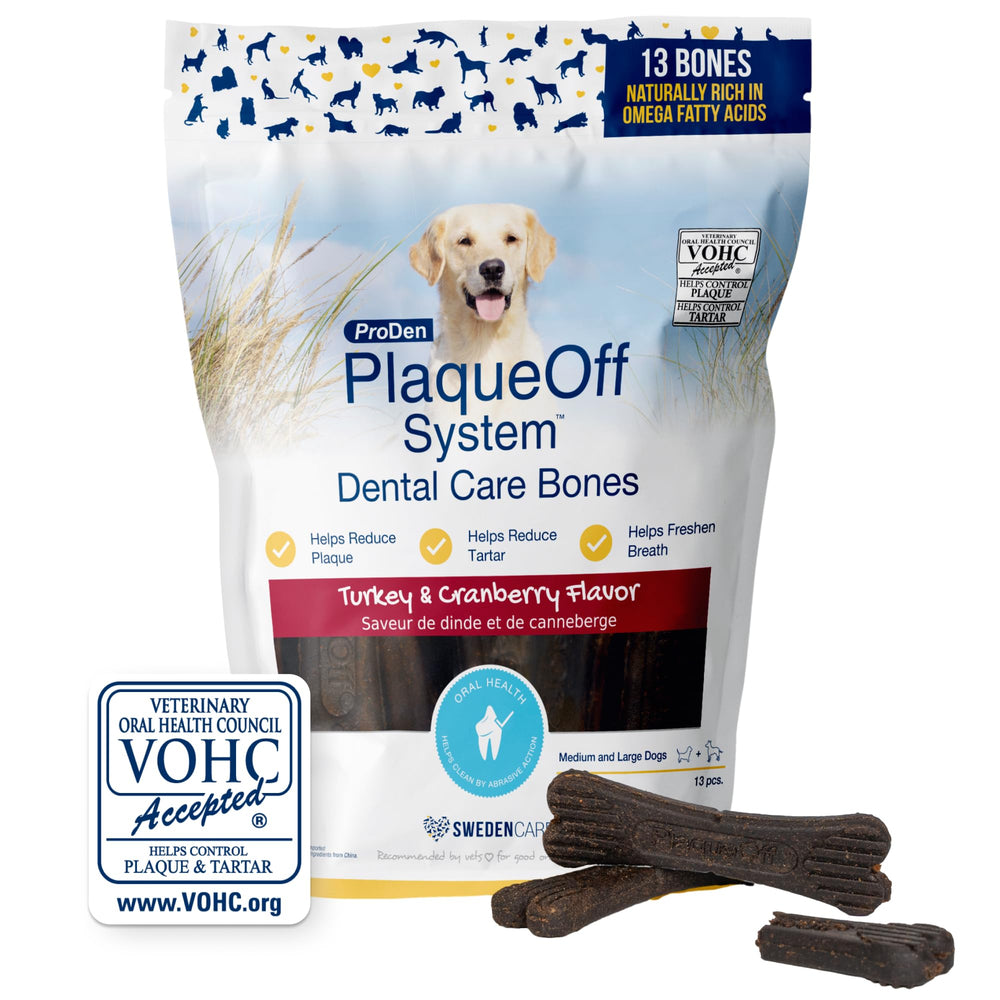 ProDen PlaqueOff system bones packaging turkey cranberry flavor for daily dog dental care.