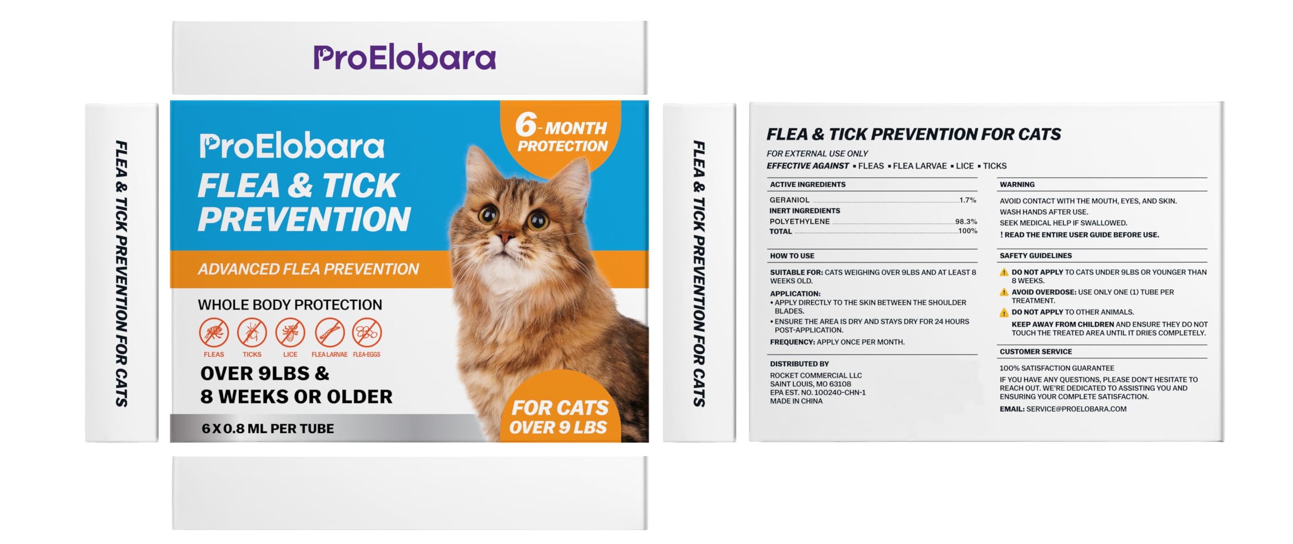 ProElobara packaging designed for large cats with weight-based use guidance.