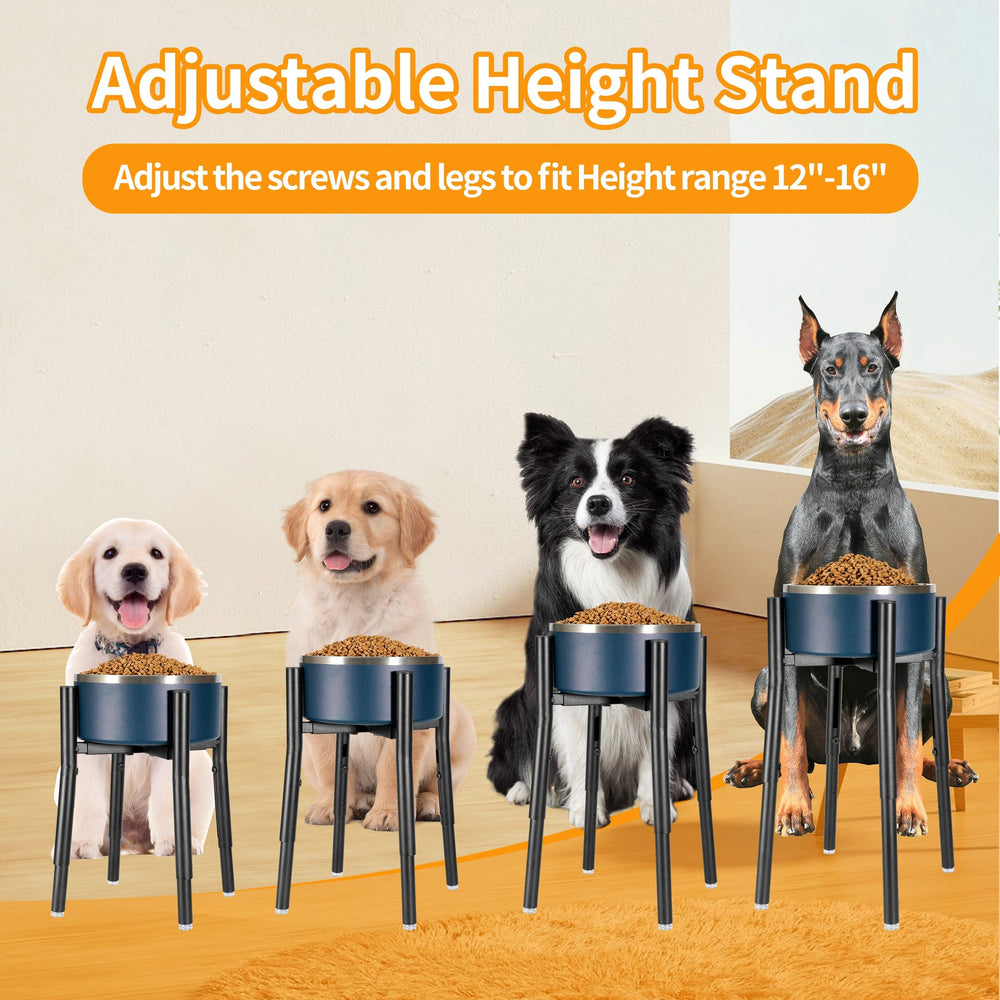 PROERR dog bowl stand demonstrates width adjustability for 8-12 inch bowls.