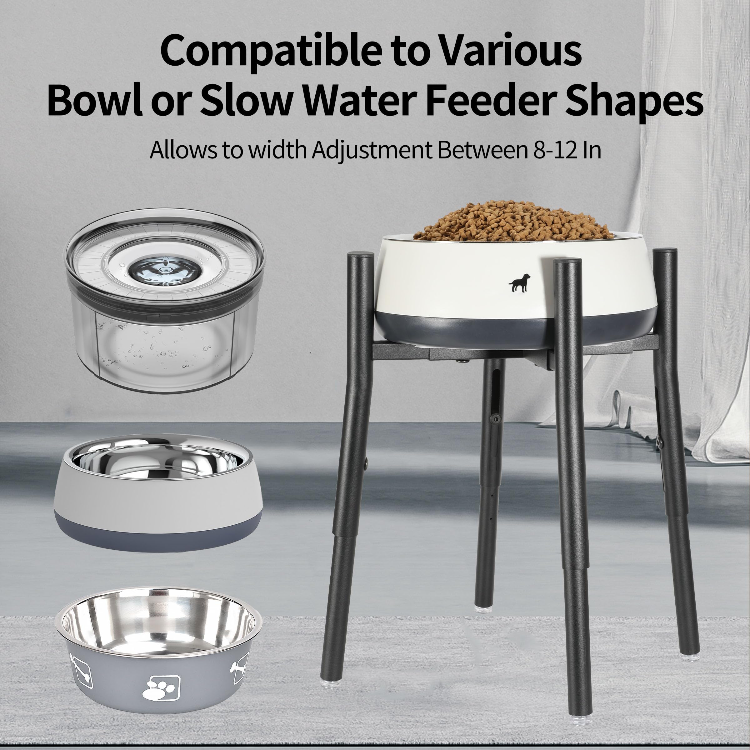 PROERR adjustable-height stand demonstrates 12-16 inch height for comfortable feeding.