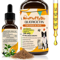 ProFluffyBio Quercetin Drops for Dogs bottle closeup highlighting allergy support