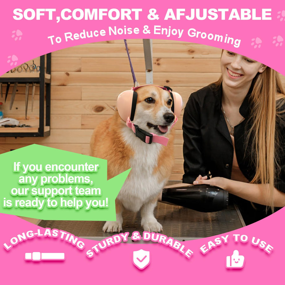 PROHEAR dog ear muffs pink noise protection on active dog during thunderstorms.