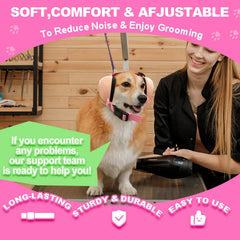 PROHEAR dog ear muffs pink noise protection on active dog during thunderstorms.