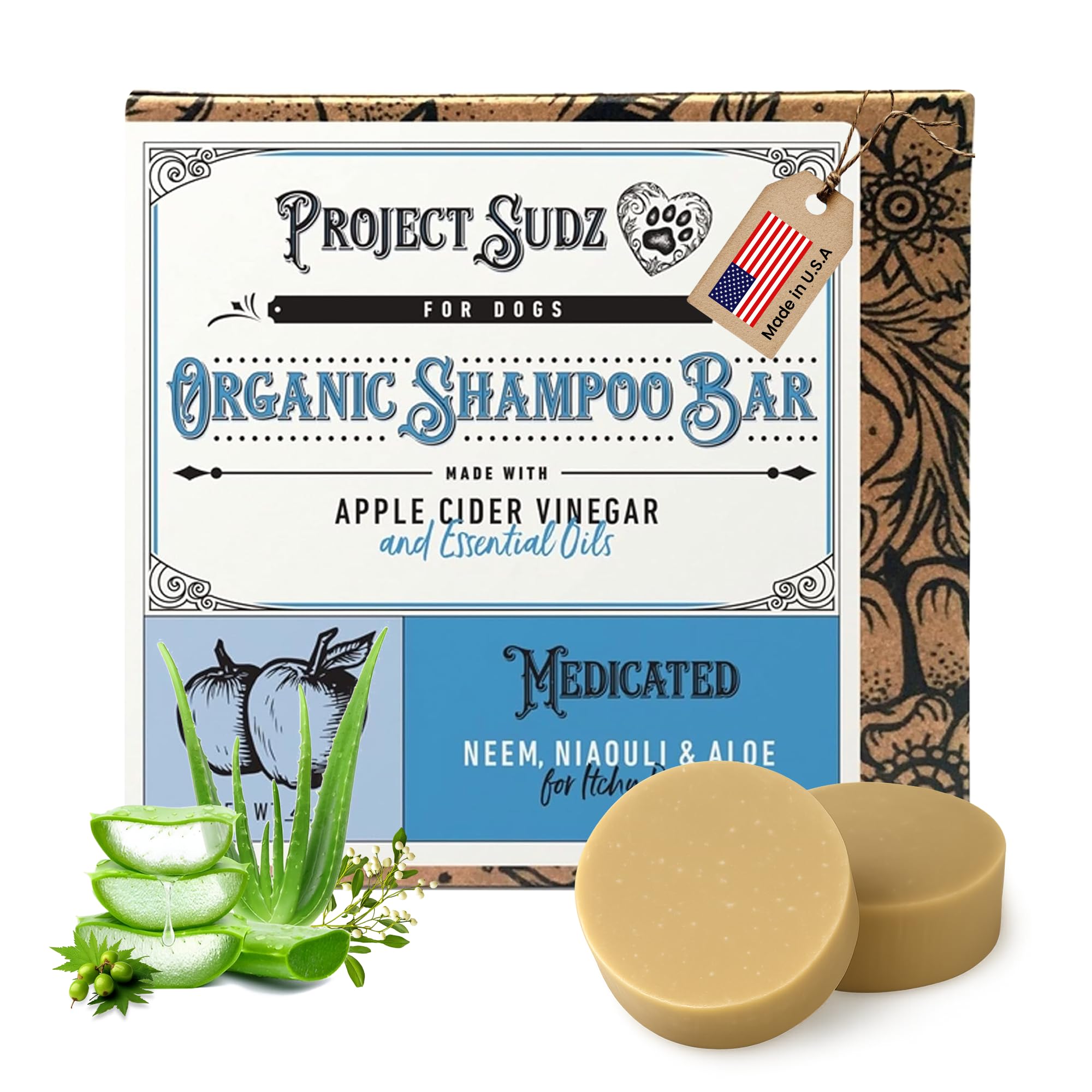 Project Sudz medicated dog shampoo bar packaging highlights eco-friendly carton.
