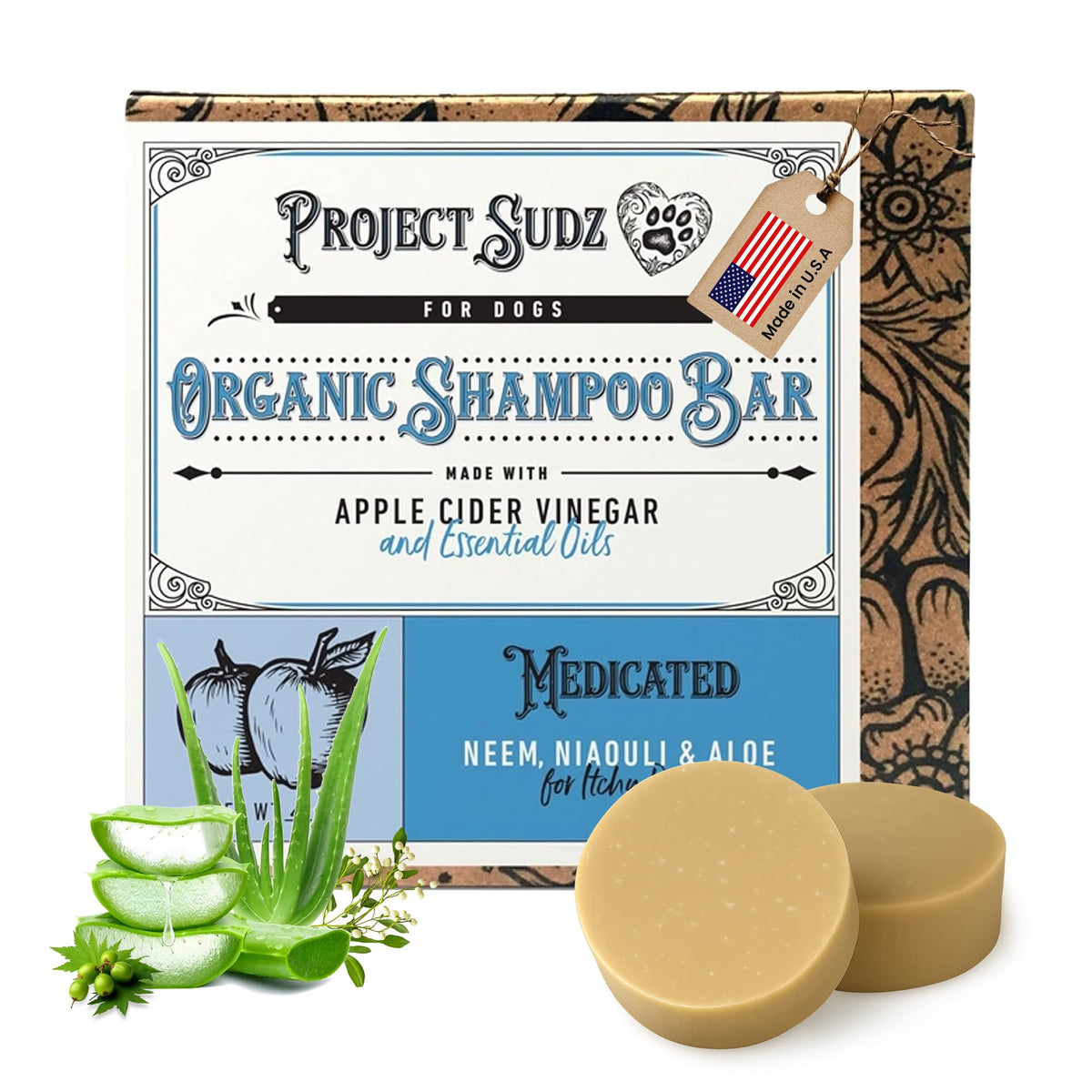 Project Sudz medicated dog shampoo bar packaging highlights eco-friendly carton.