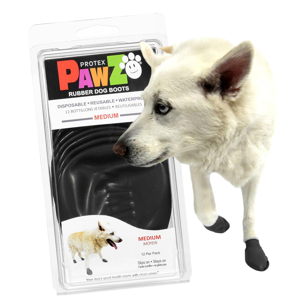 Protex PawZ allweather boot on paw demonstrates easy slip-on protection for daily use