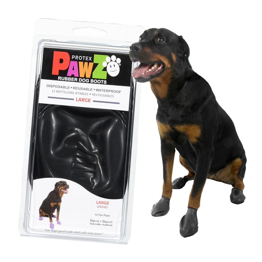 Protex PawZ rubber dog boots on large-pawed dog deliver all-weather protection and secure grip.