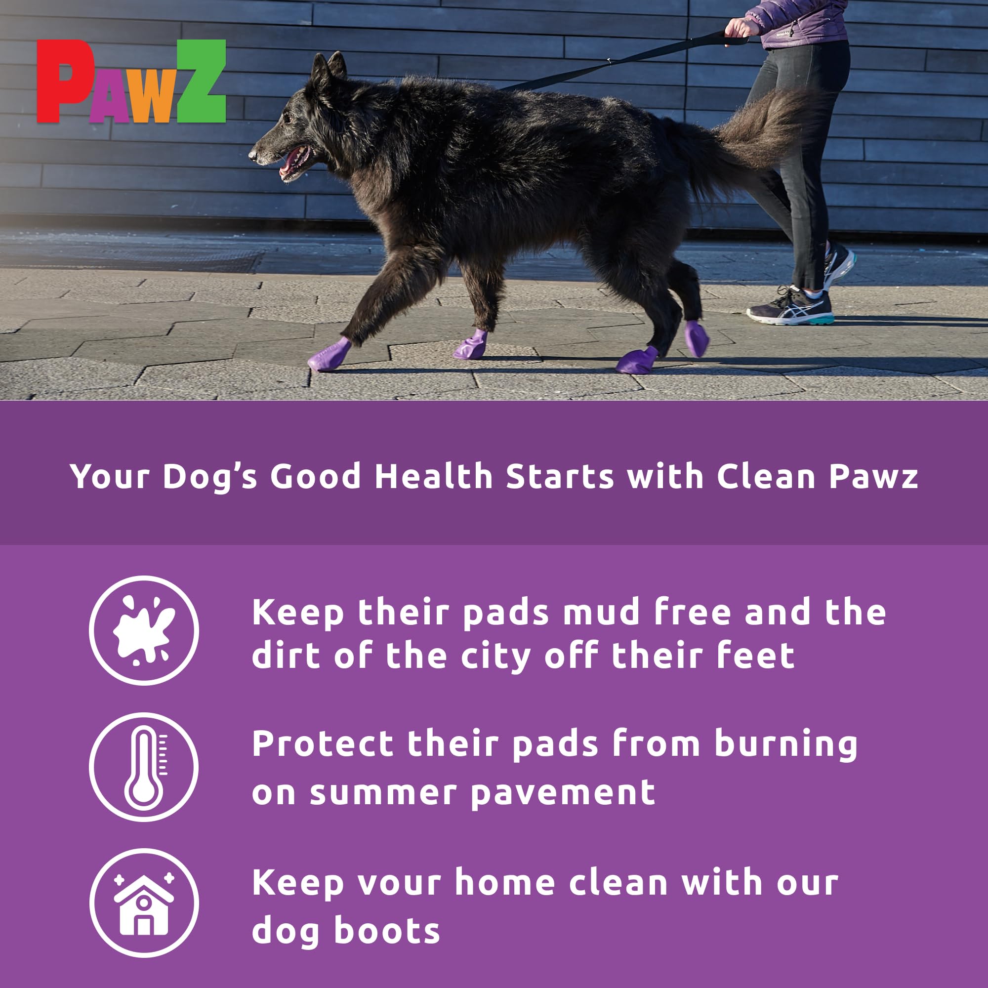 Protex PawZ anti-slip rubber boots offer secure traction on wet sidewalks for large breeds.