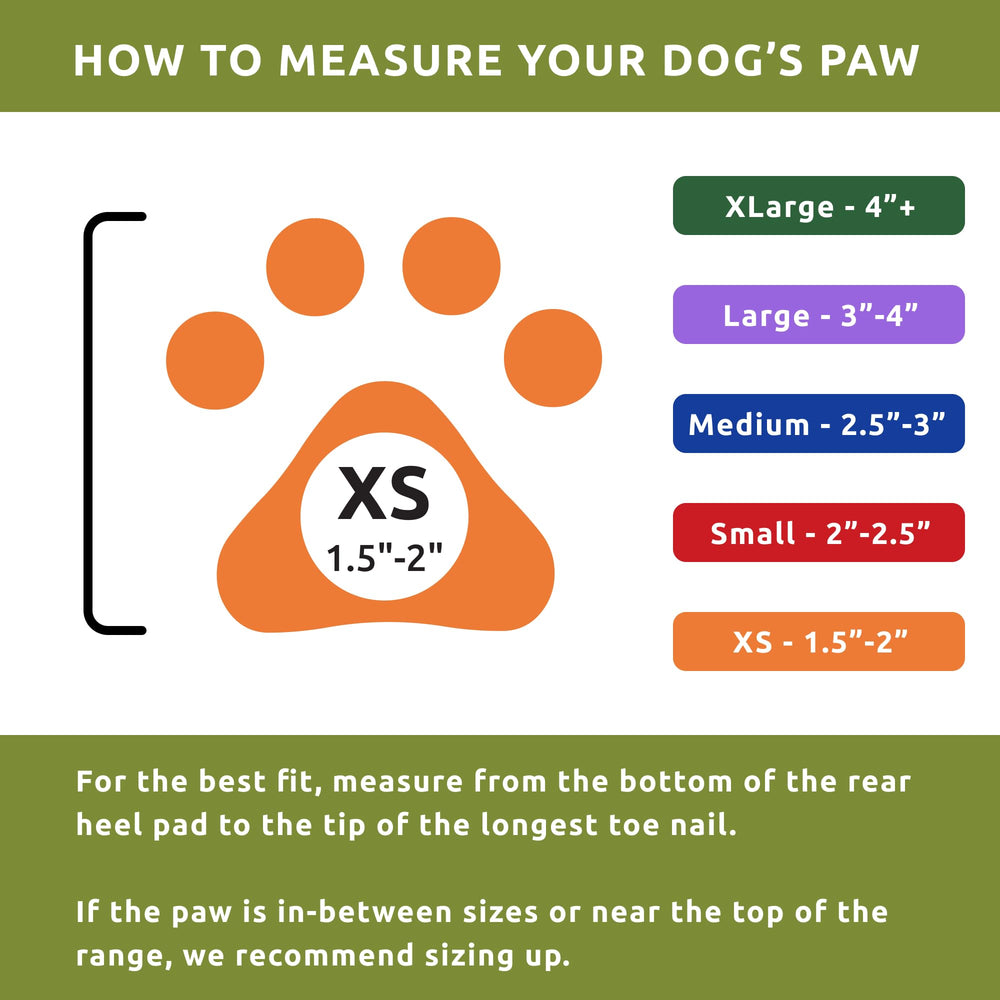Protex PawZ olive-green sizing chart helps find a secure fit.