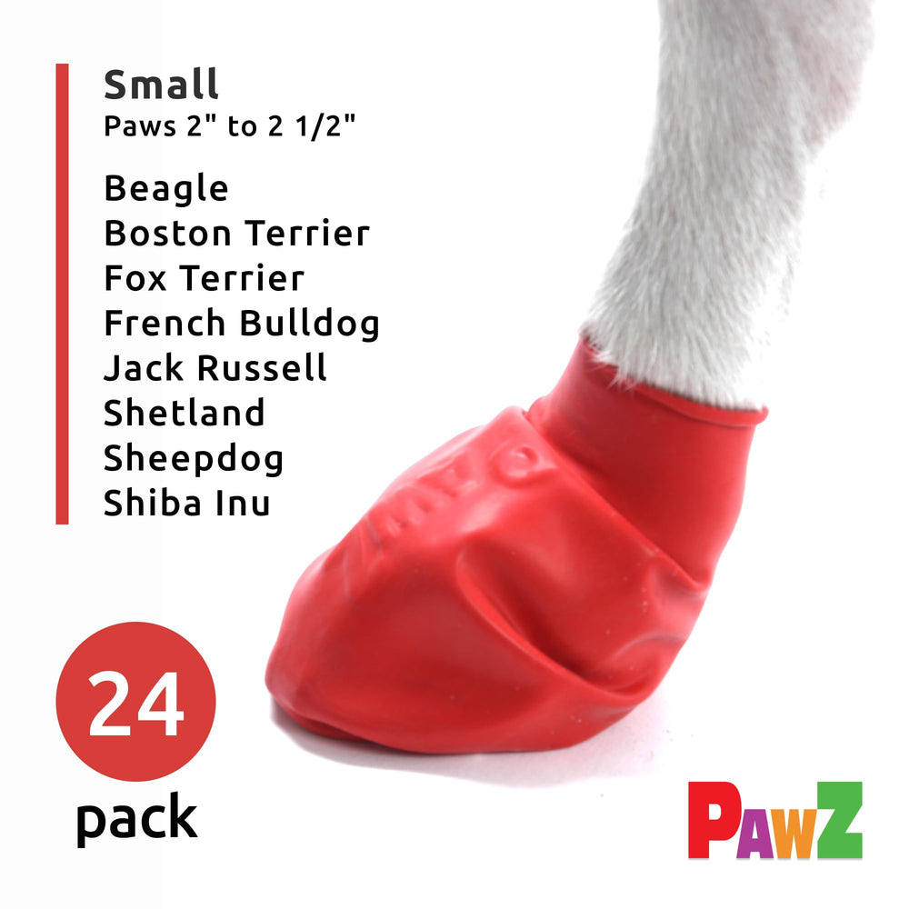Protex PawZ small red dog boots used in a rainy outdoor walk.