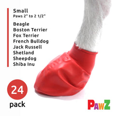 Protex PawZ small red dog boots used in a rainy outdoor walk.