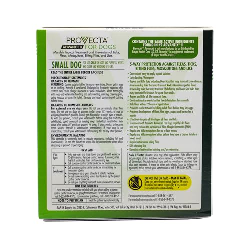Provecta Advanced spot-on-application shows monthly protection for ticks, fleas, and mosquitoes
