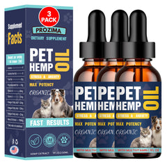 PROZIMA hemp oil for dogs and cats — 3-pack bottle for easy daily dosing and calm support.