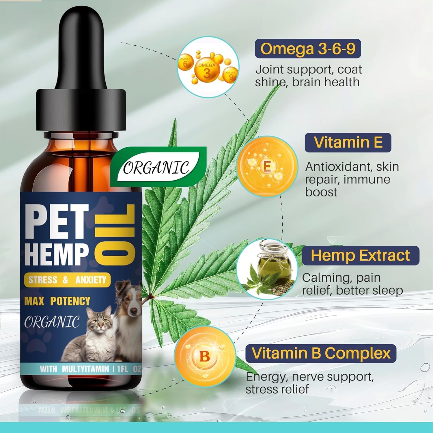PROZIMA hemp oil pet relief closeup — smooth amber oil aiding relaxation and comfort.
