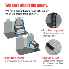 Prutapet large cat carrier in car seat buckle demonstrates secure travel stability.