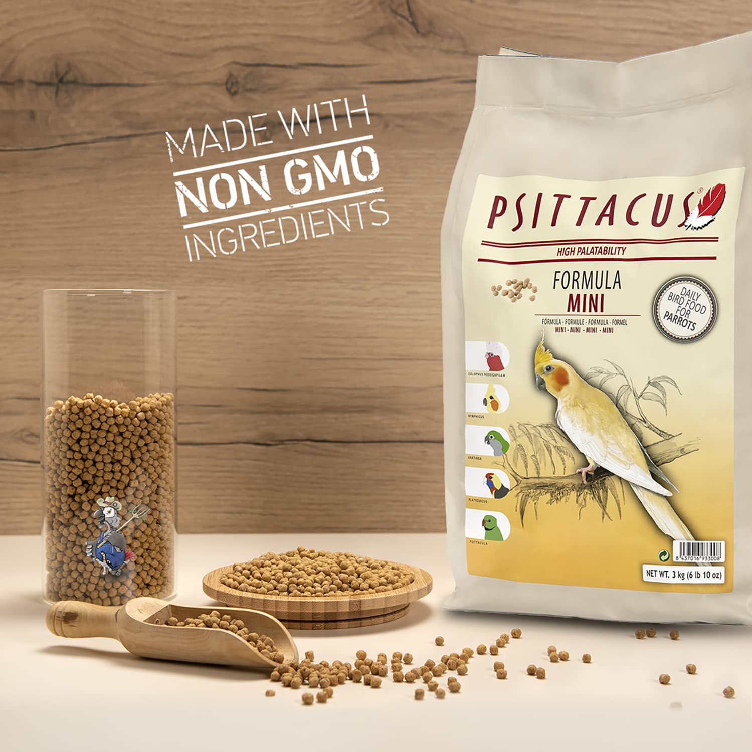 Psittacus Mini 3kg packaging communicates value and long shelf life.