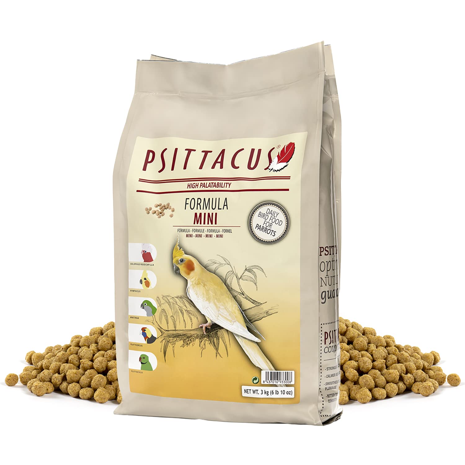 Psittacus Mini cockatiel pellet closeup for balanced nutrition.